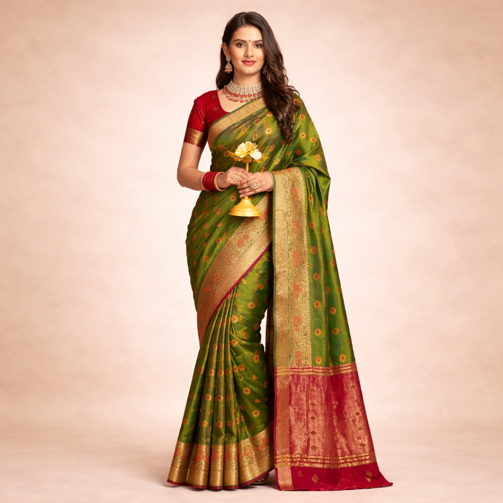 The Advika Forest Bloom: Olive Silk with Crimson Meenakari Accents