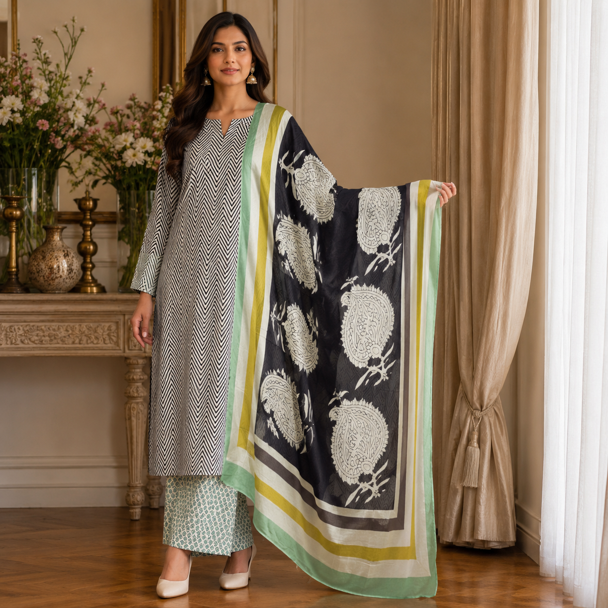 Nooriva Monochrome Bloom Unstitched Suit Set