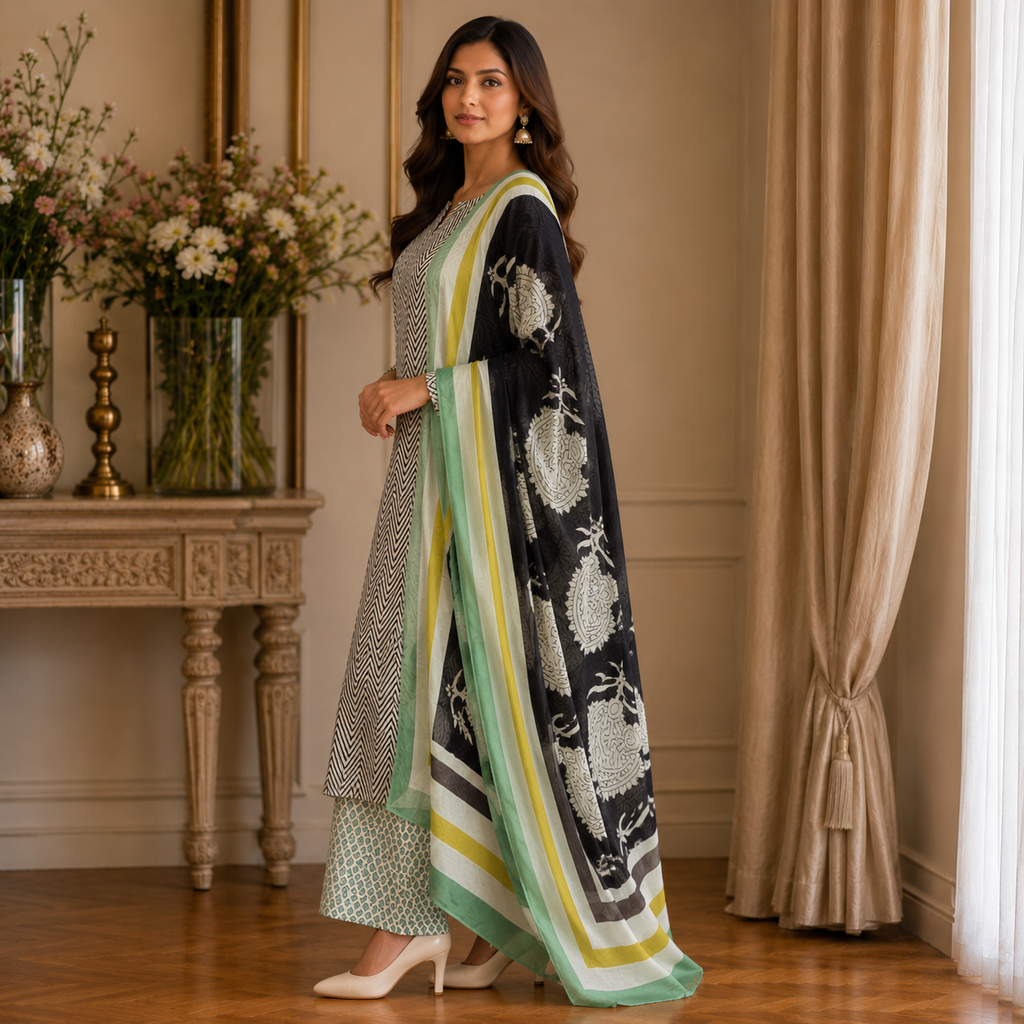 Nooriva Monochrome Bloom Unstitched Suit Set
