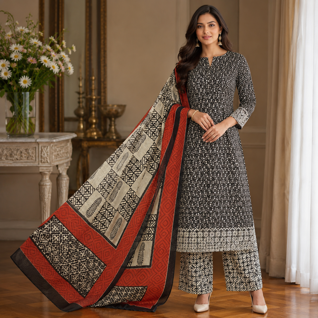 Noir Zarina Block Print Unstitched Suit Set