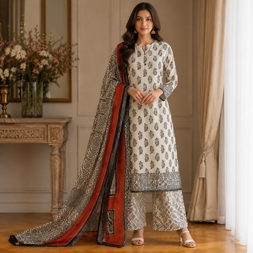 Zarqaa Ivory Paisley Unstitched Suit Set