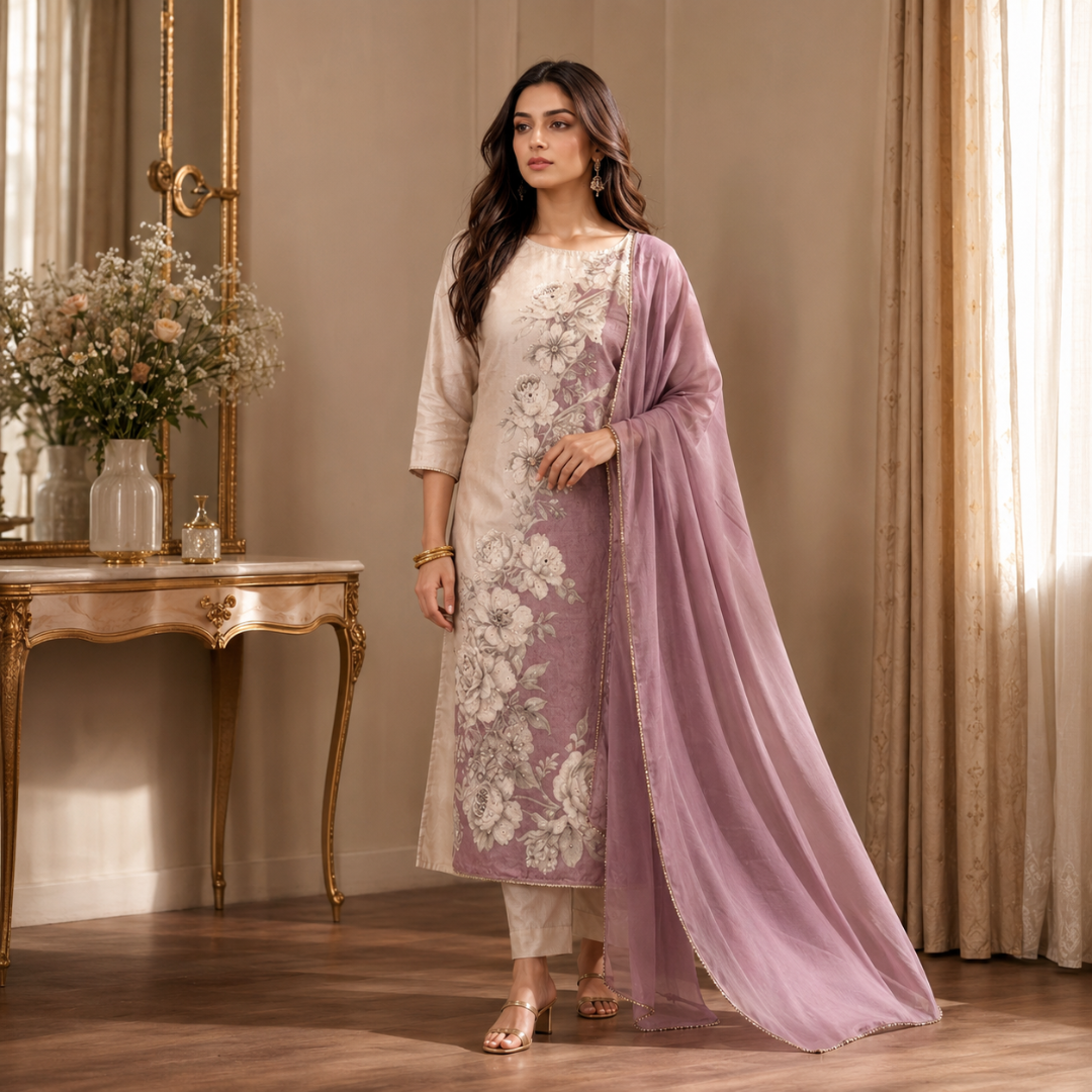 Gulnaar Onion Pink & Off-White Maslin Unstitched Suit Set