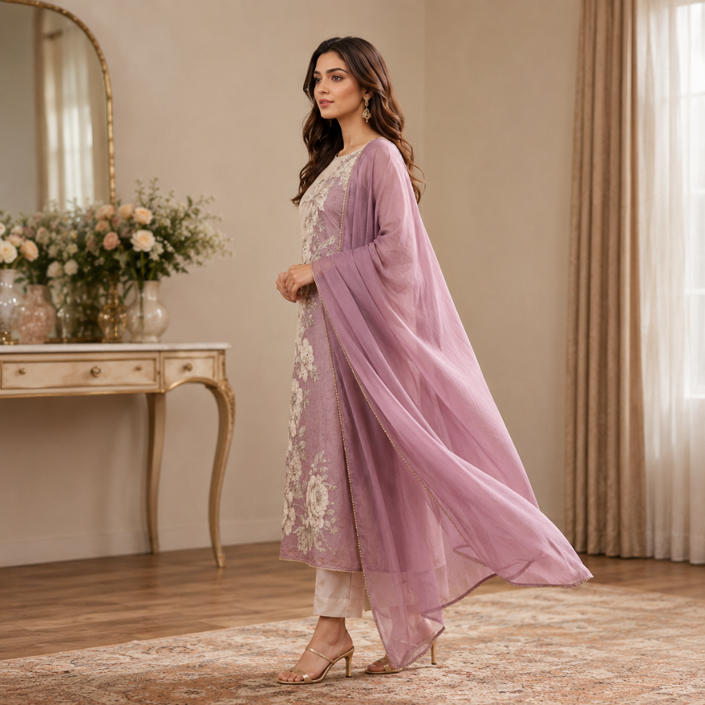 Gulnaar Onion Pink & Off-White Maslin Unstitched Suit Set