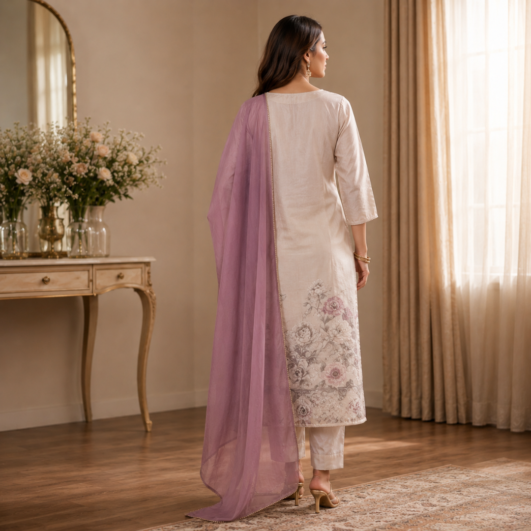 Gulnaar Onion Pink & Off-White Maslin Unstitched Suit Set