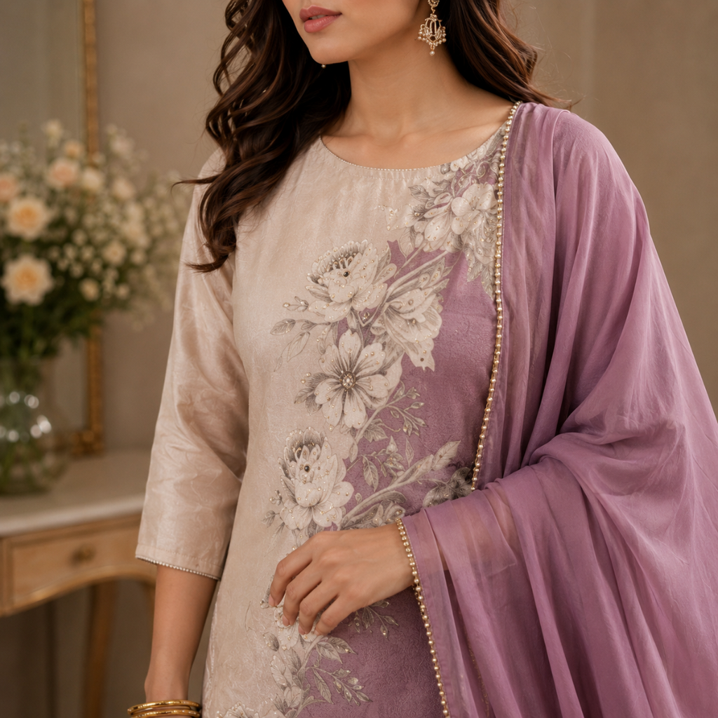 Gulnaar Onion Pink & Off-White Maslin Unstitched Suit Set