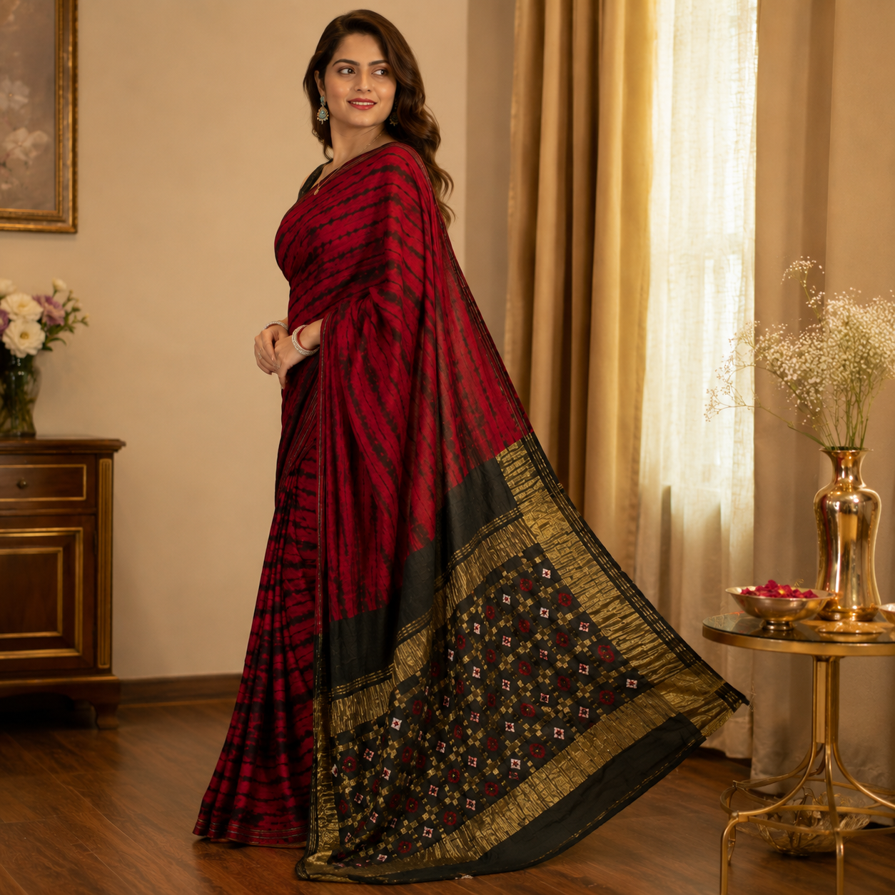 The Crimson Shibori Noir Saree