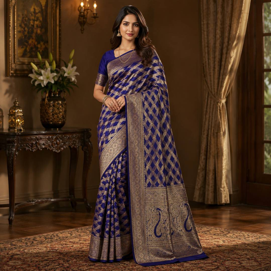 Zareen Royale Midnight Blue Cotton Silk Saree