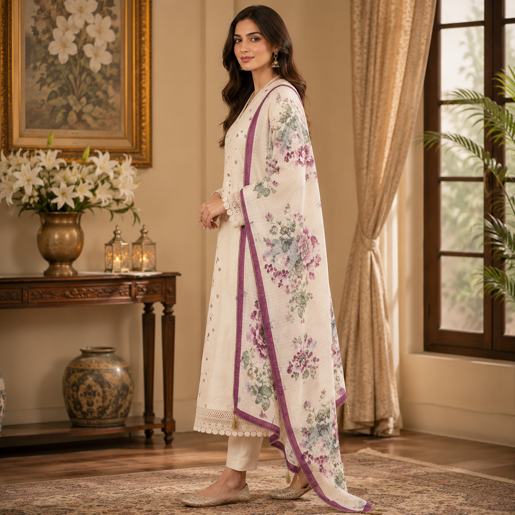 The Amethyst Bloom Ensemble Mul Cotton Unstitched Suit Set