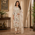 Pearl White Floral Cambric Cotton Unstitched Suit Set