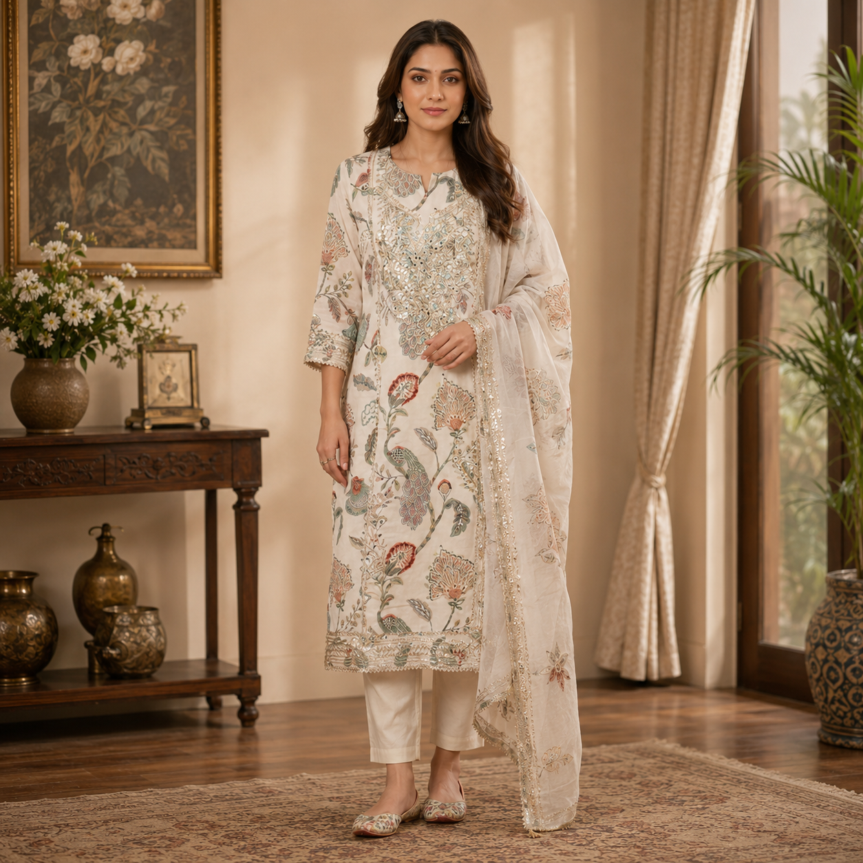 Pearl White Floral Cambric Cotton Unstitched Suit Set