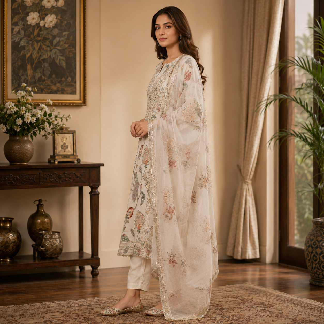 Pearl White Floral Cambric Cotton Unstitched Suit Set