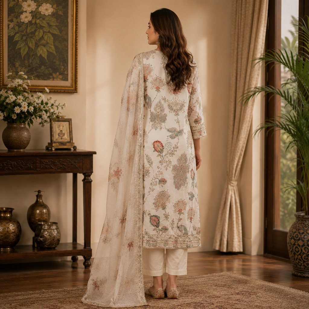 Pearl White Floral Cambric Cotton Unstitched Suit Set