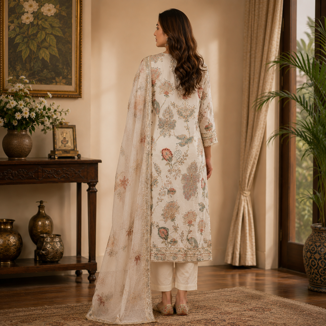 Pearl White Floral Cambric Cotton Unstitched Suit Set