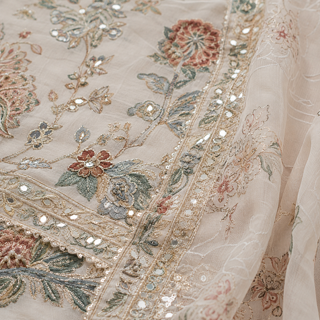 Pearl White Floral Cambric Cotton Unstitched Suit Set