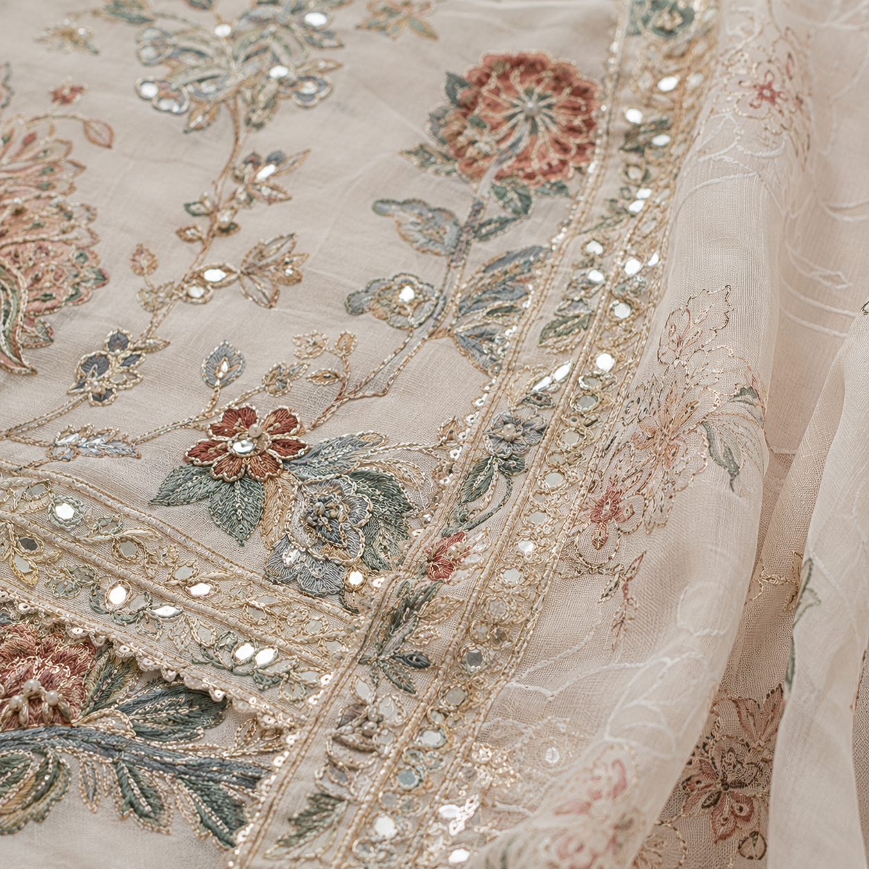 Pearl White Floral Cambric Cotton Unstitched Suit Set