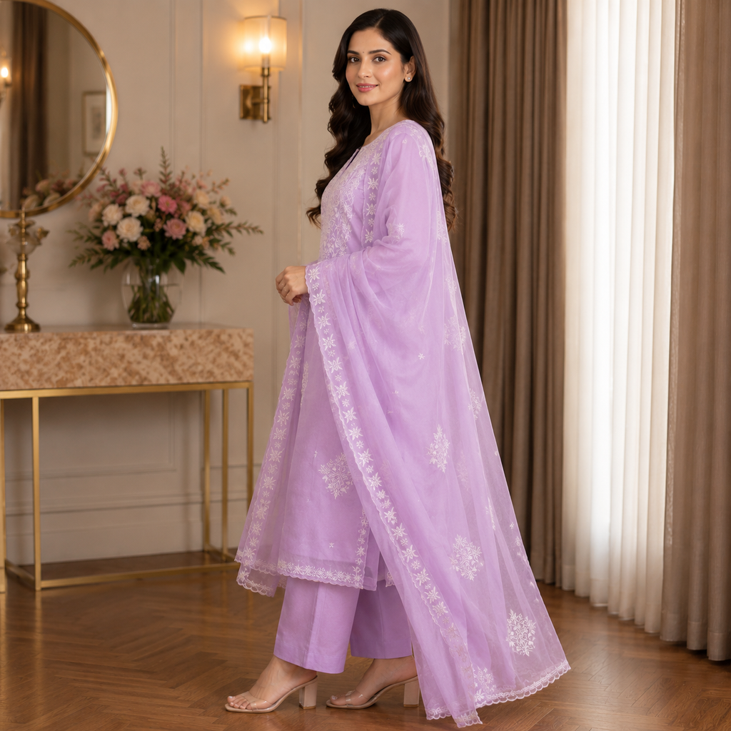 Sitara Lavender Threadwork Unstitched Suit Set