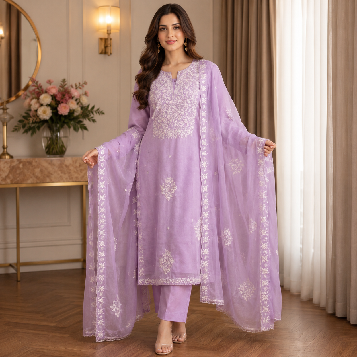 Sitara Lavender Threadwork Unstitched Suit Set