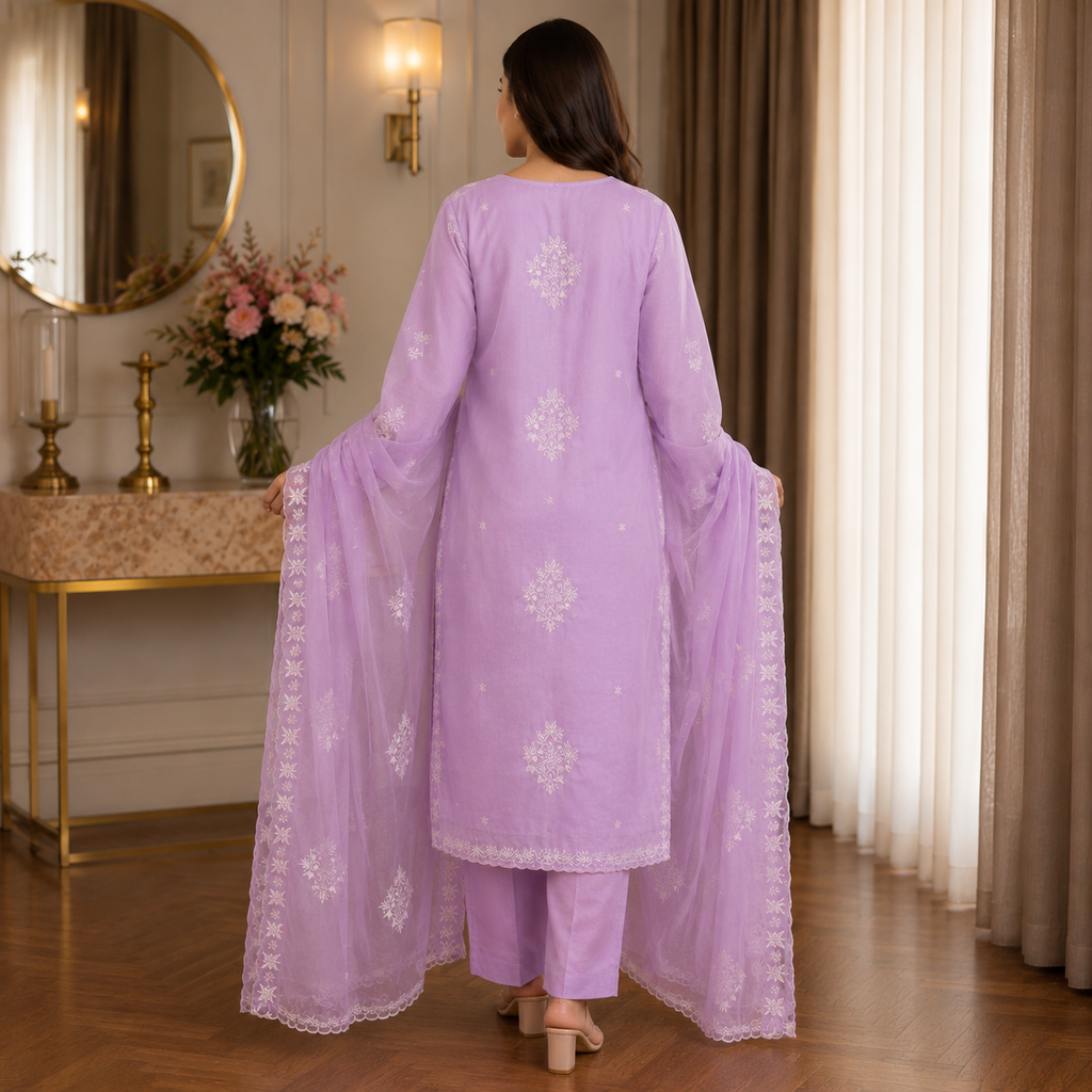 Sitara Lavender Threadwork Unstitched Suit Set