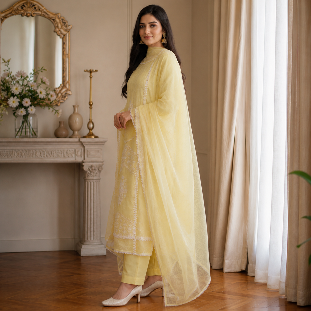 Rangrez Lemon Glow – Glaize Cotton Unstitched Suit Set