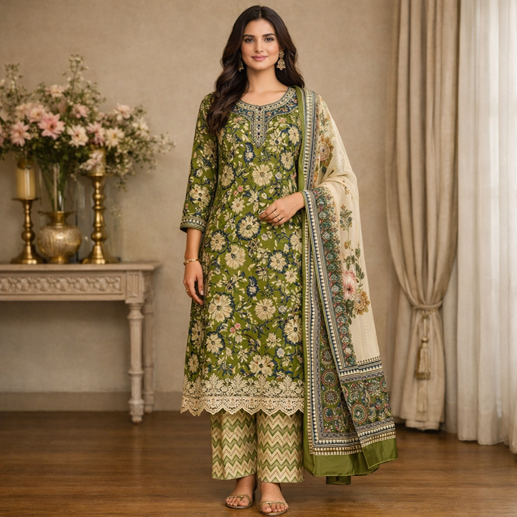 Zehara Olive Bloom Unstitched Suit Set