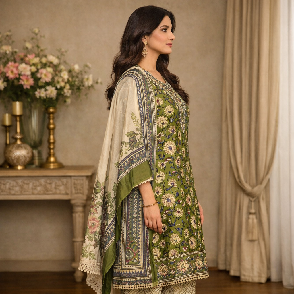 Zehara Olive Bloom Unstitched Suit Set