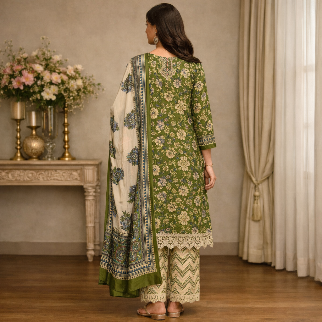 Zehara Olive Bloom Unstitched Suit Set