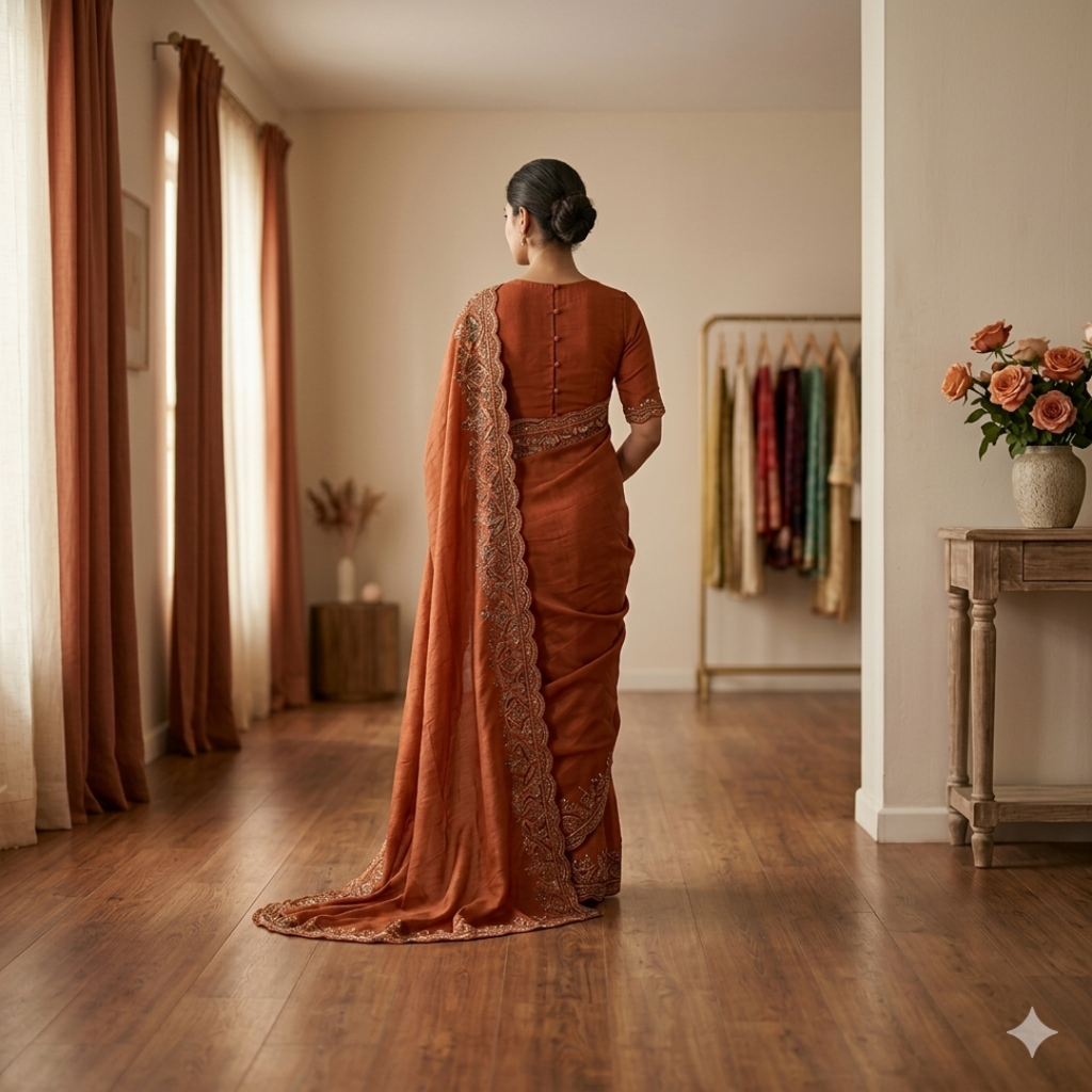Ethereal Rust Tissue Silk Saree with Swarovski Accents