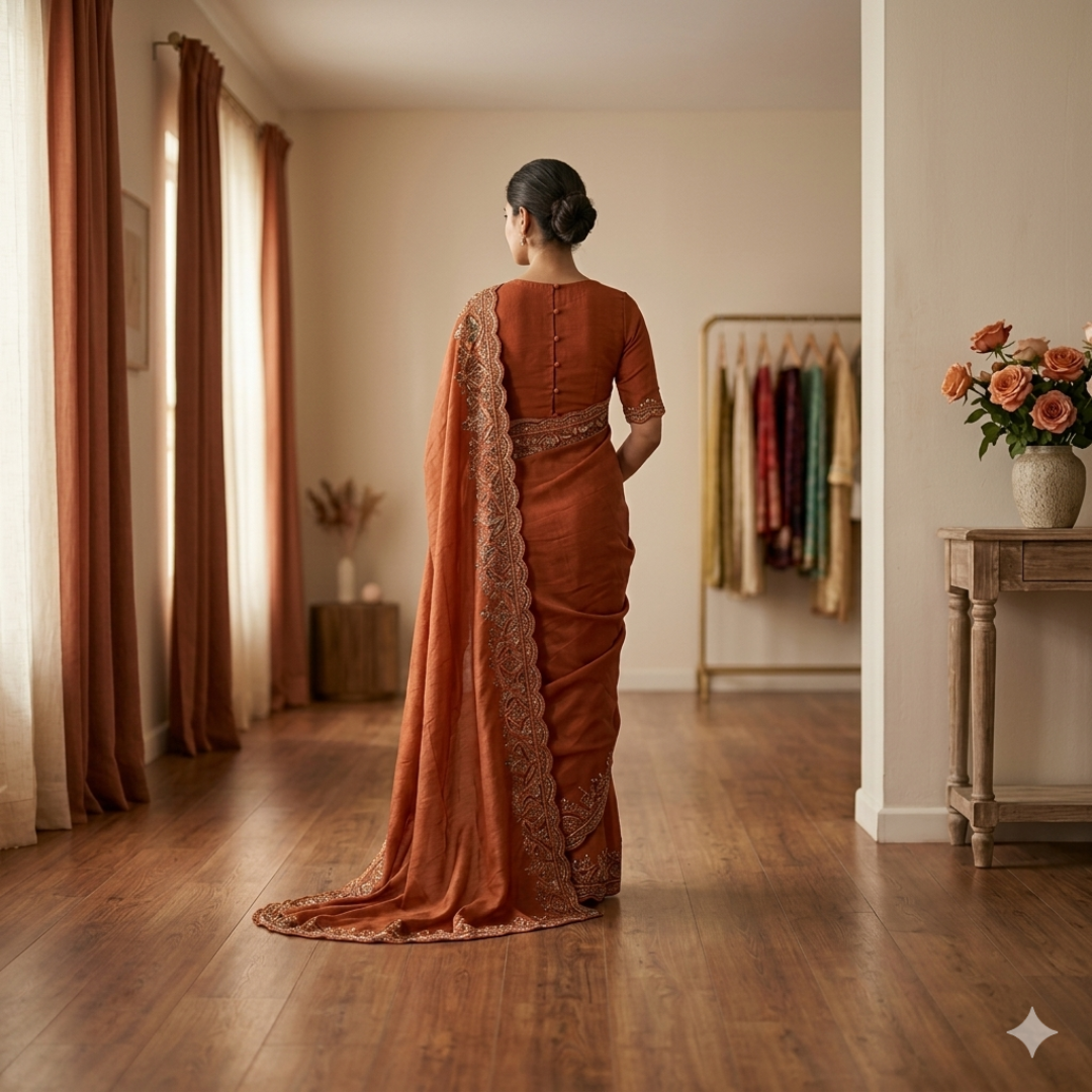 Ethereal Rust Tissue Silk Saree with Swarovski Accents