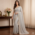 Silver Moonstone Grey Silk Chiffon Saree with Resham & Jarkan Border