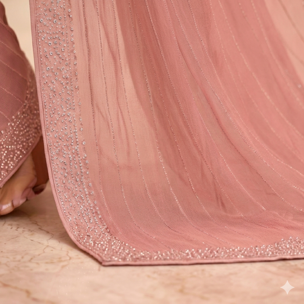 Dark Onion Pink Georgette Saree with Shimmer Lining & Swarovski Work
