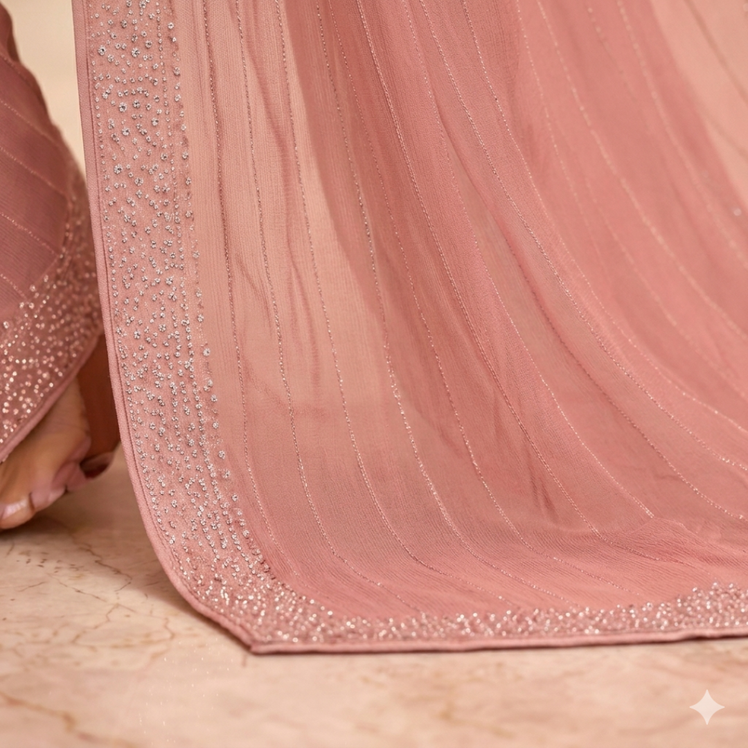 Dark Onion Pink Georgette Saree with Shimmer Lining & Swarovski Work
