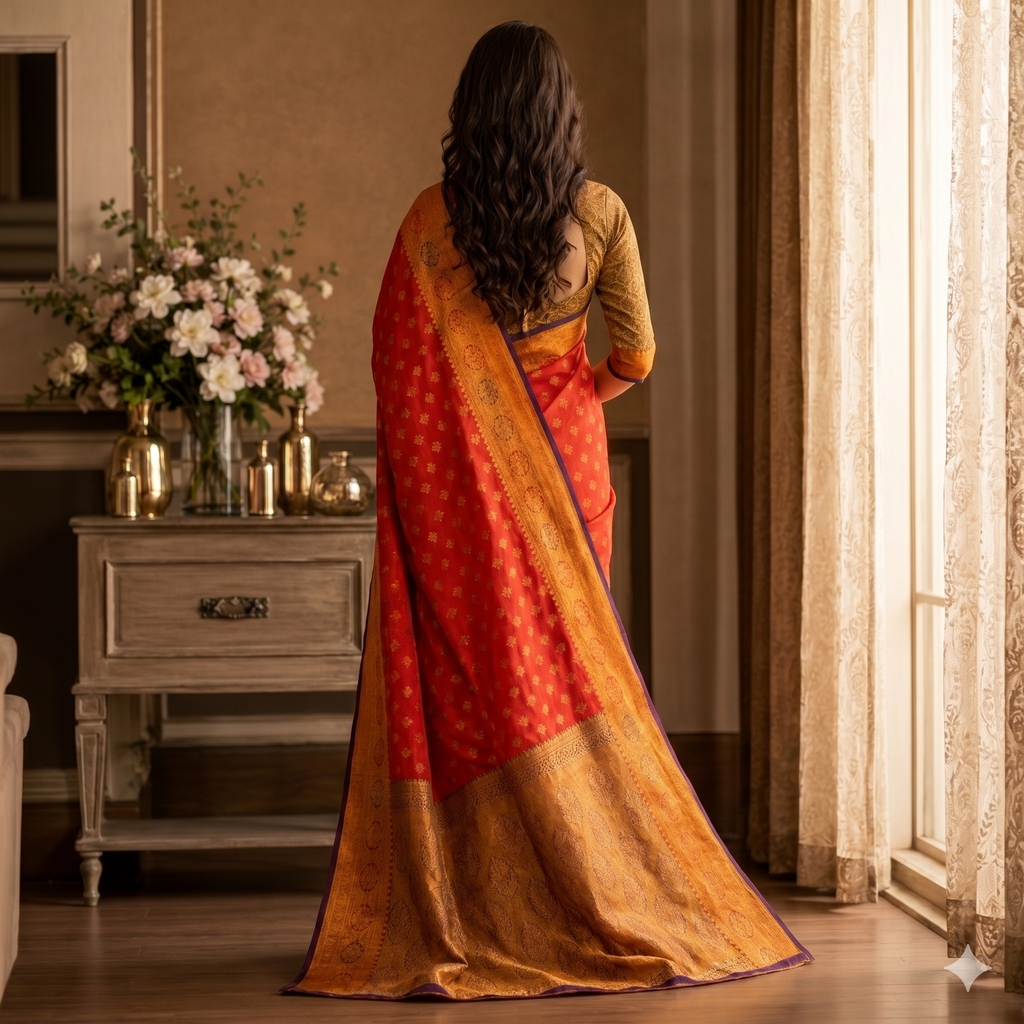 Rajrani Kesarika Cotton Silk Saree in Vermilion Red with Antique Gold Zari Border