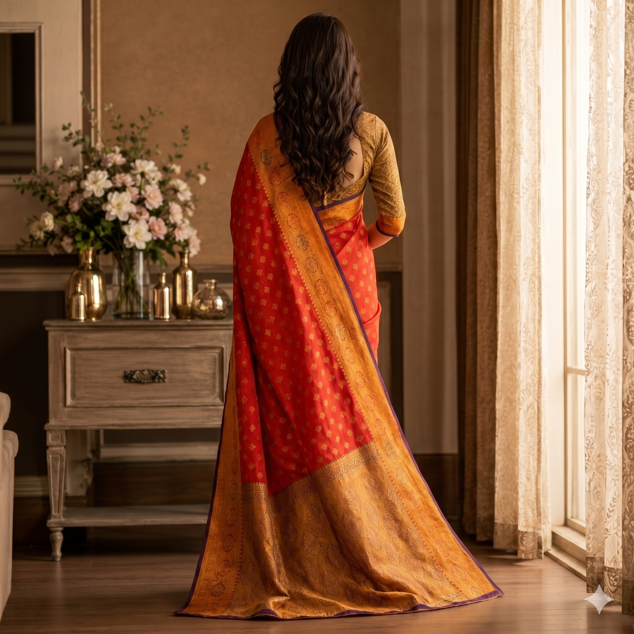 Rajrani Kesarika Cotton Silk Saree in Vermilion Red with Antique Gold Zari Border