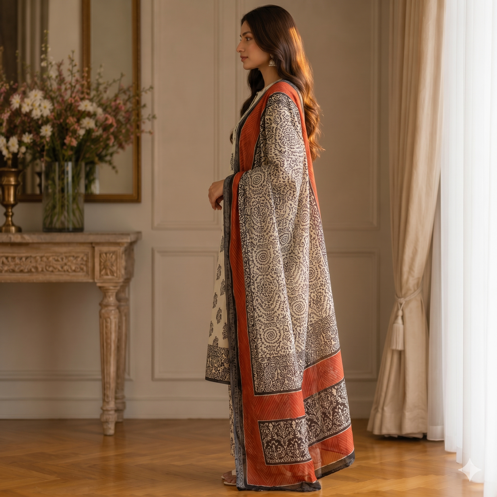 Zarqaa Ivory Paisley Unstitched Suit Set