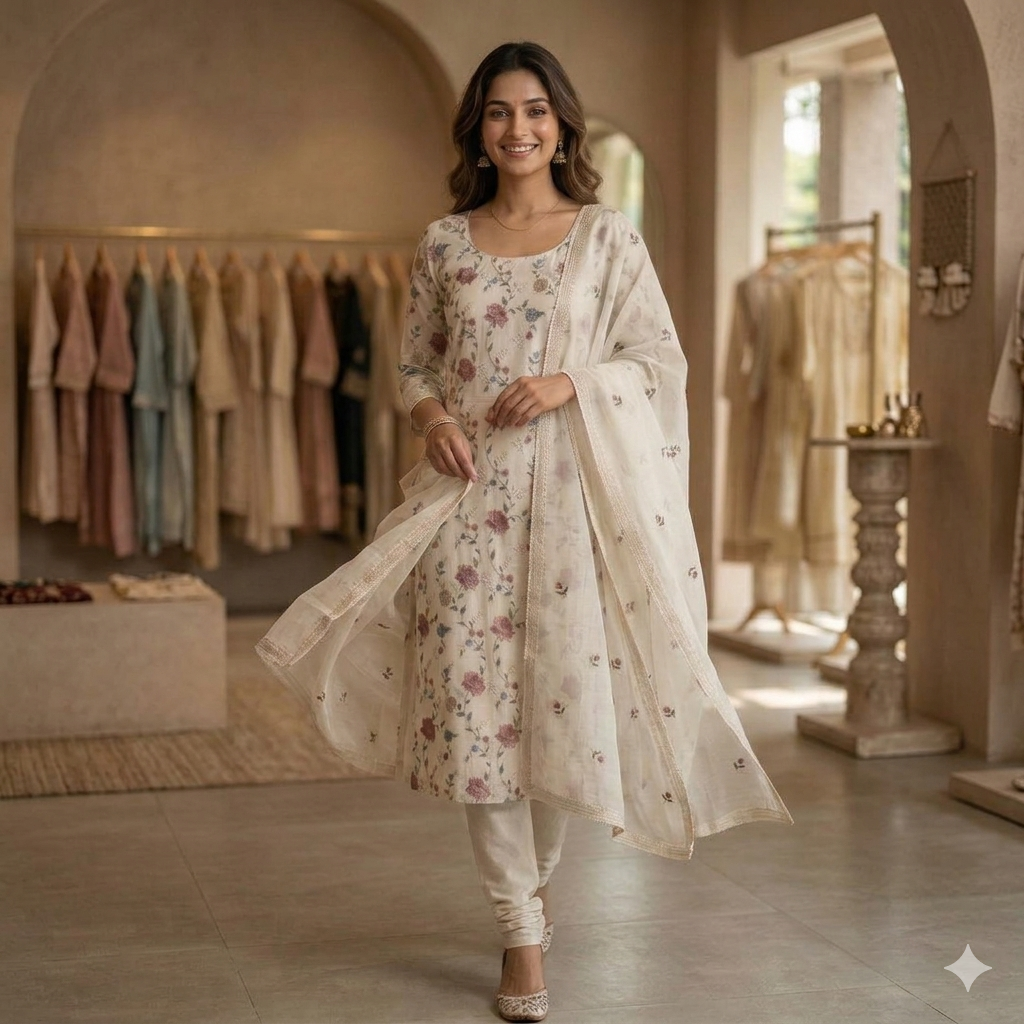 Ayra Ivory White Floral Mul Cotton Unstitched Suit Set