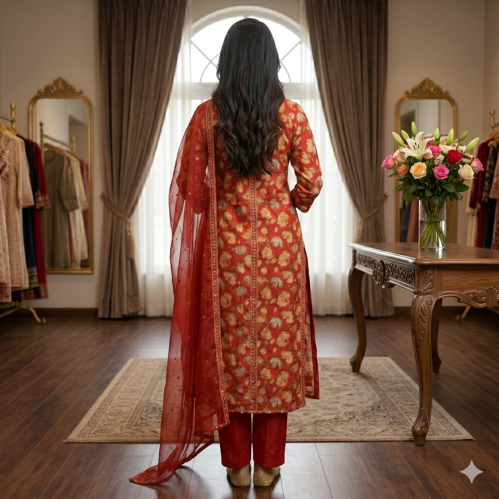 Gulbahaar Glaize Cotton Elegance – Blood Red Floral Unstitched Suit Set
