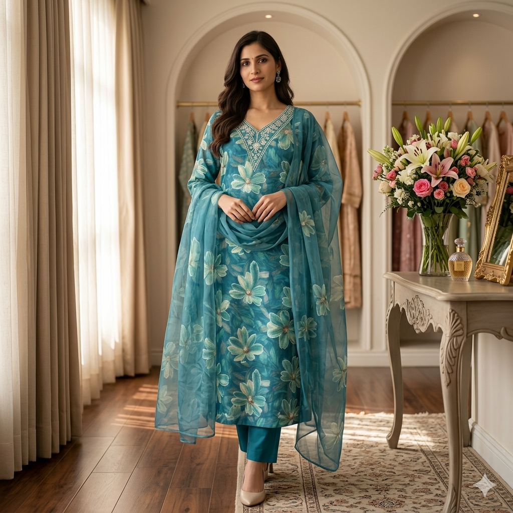Jaanvika Firozi Bloom – Glaize Printed Cotton Unstitched Suit Set