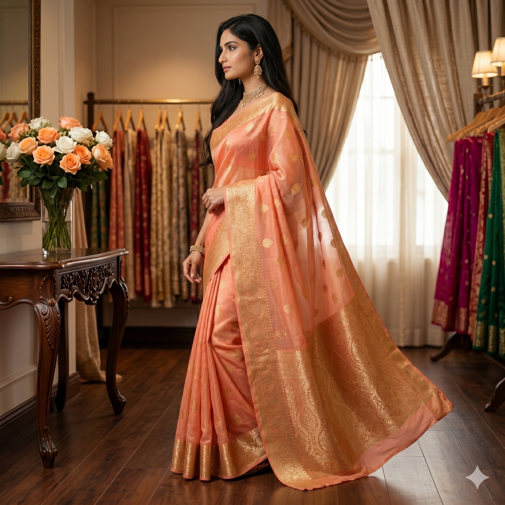 The Ambika Persimmon Kora Organza Saree