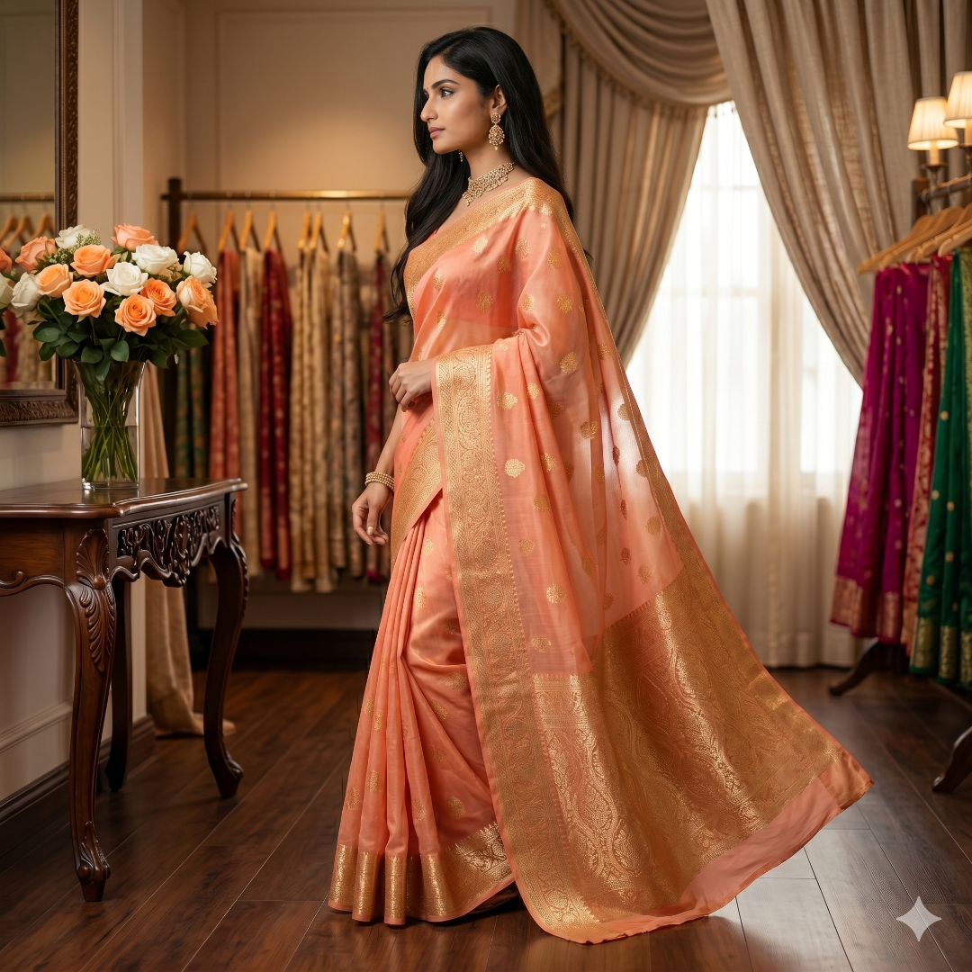 The Ambika Persimmon Kora Organza Saree