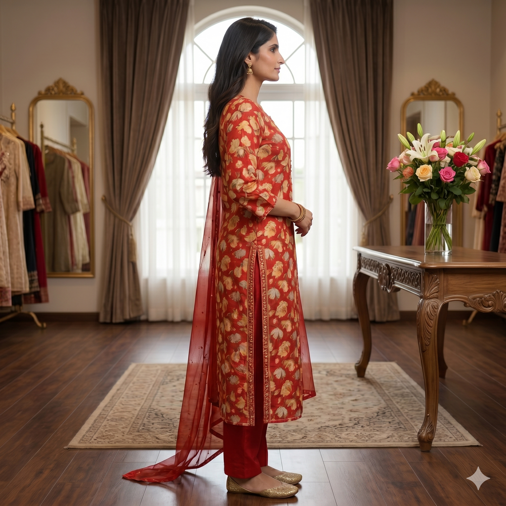 Gulbahaar Glaize Cotton Elegance – Blood Red Floral Unstitched Suit Set