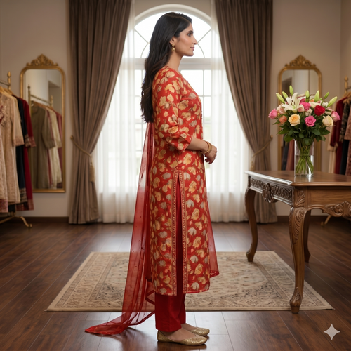 Gulbahaar Glaize Cotton Elegance – Blood Red Floral Unstitched Suit Set