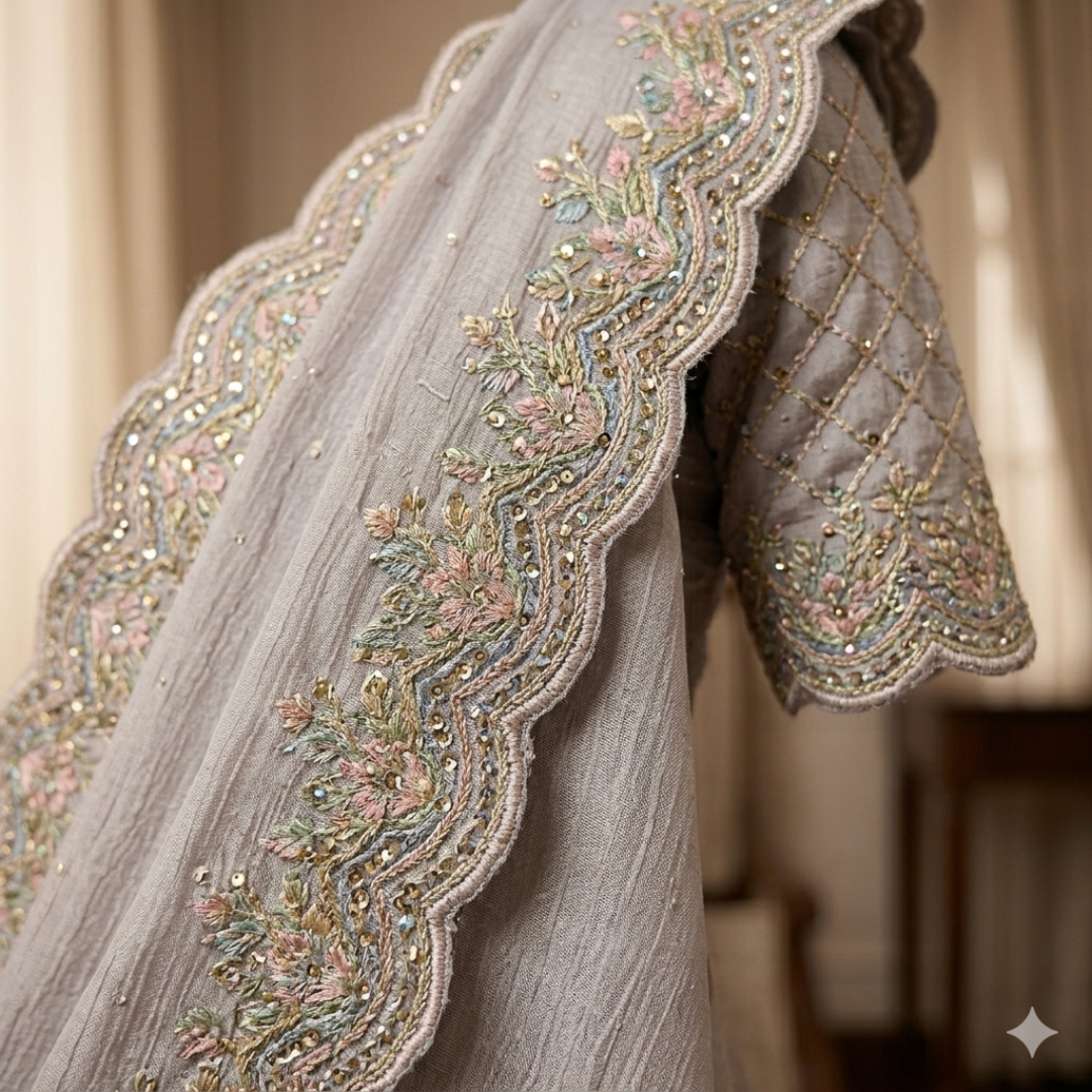 Silver Moonstone Grey Silk Chiffon Saree with Resham & Jarkan Border