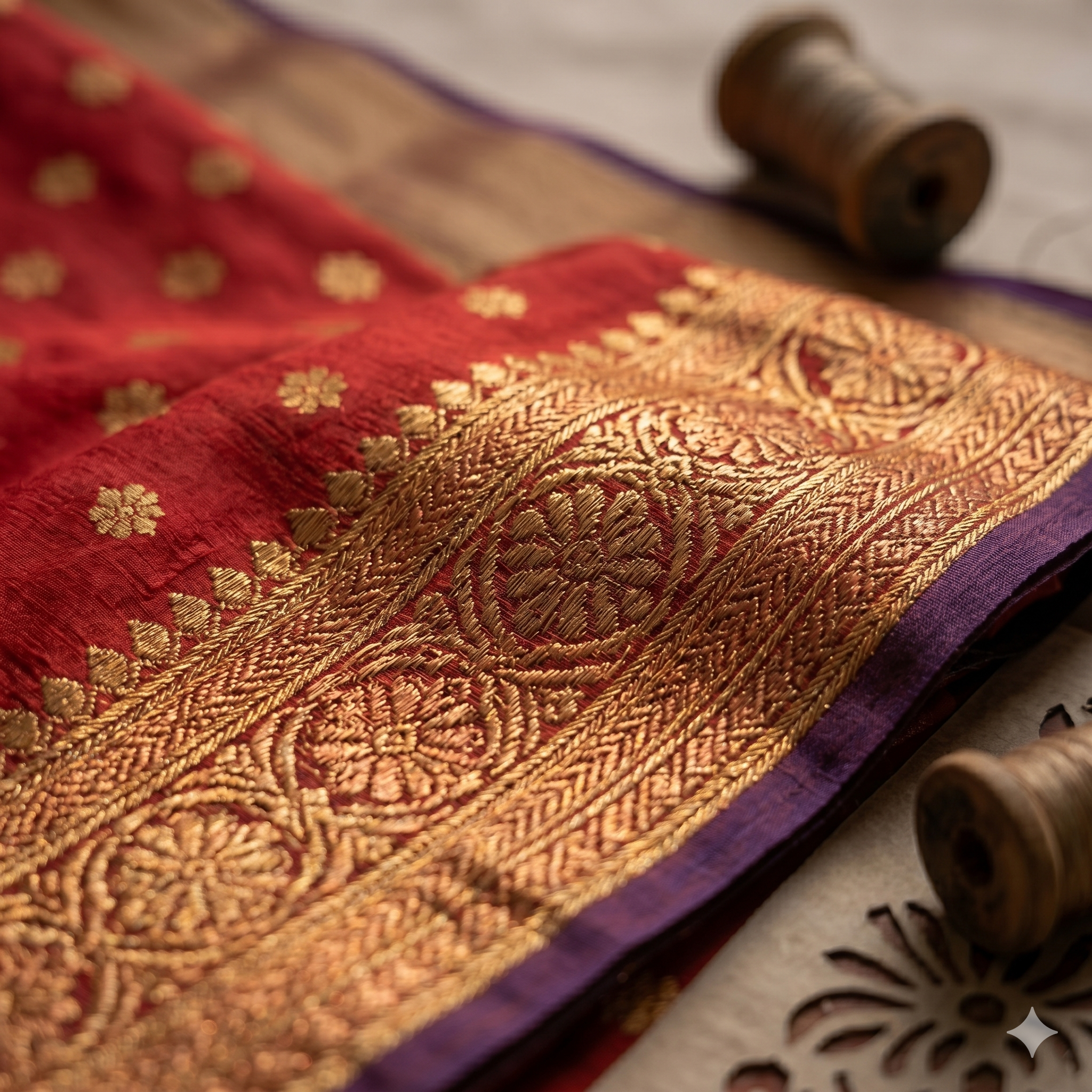 Rajrani Kesarika Cotton Silk Saree in Vermilion Red with Antique Gold Zari Border