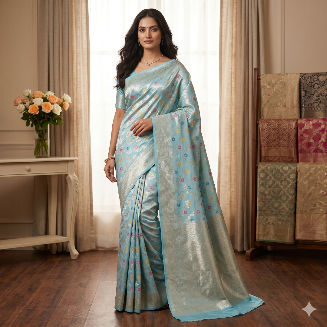 Azure Blossom Organza Saree