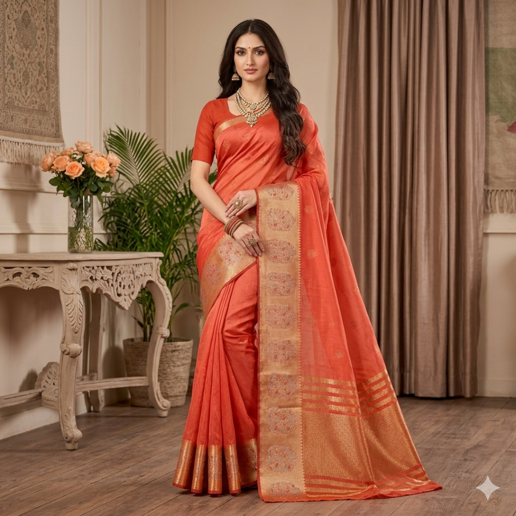Saanvi Coral Gold Organza Saree