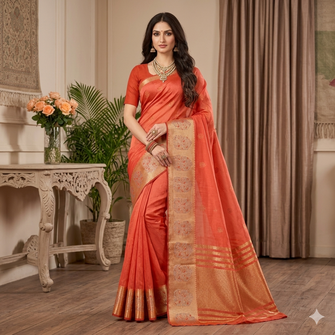 Saanvi Coral Gold Organza Saree