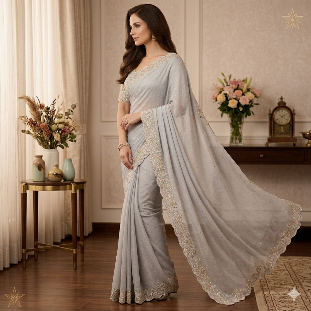 Silver Moonstone Grey Silk Chiffon Saree with Resham & Jarkan Border