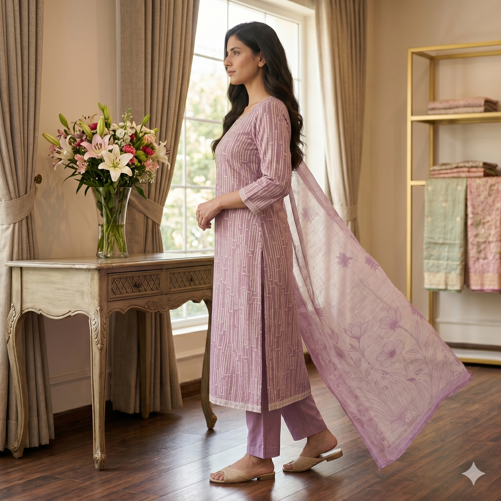 Meher Lavender Grace Linen Cotton Unstitched Suit Set