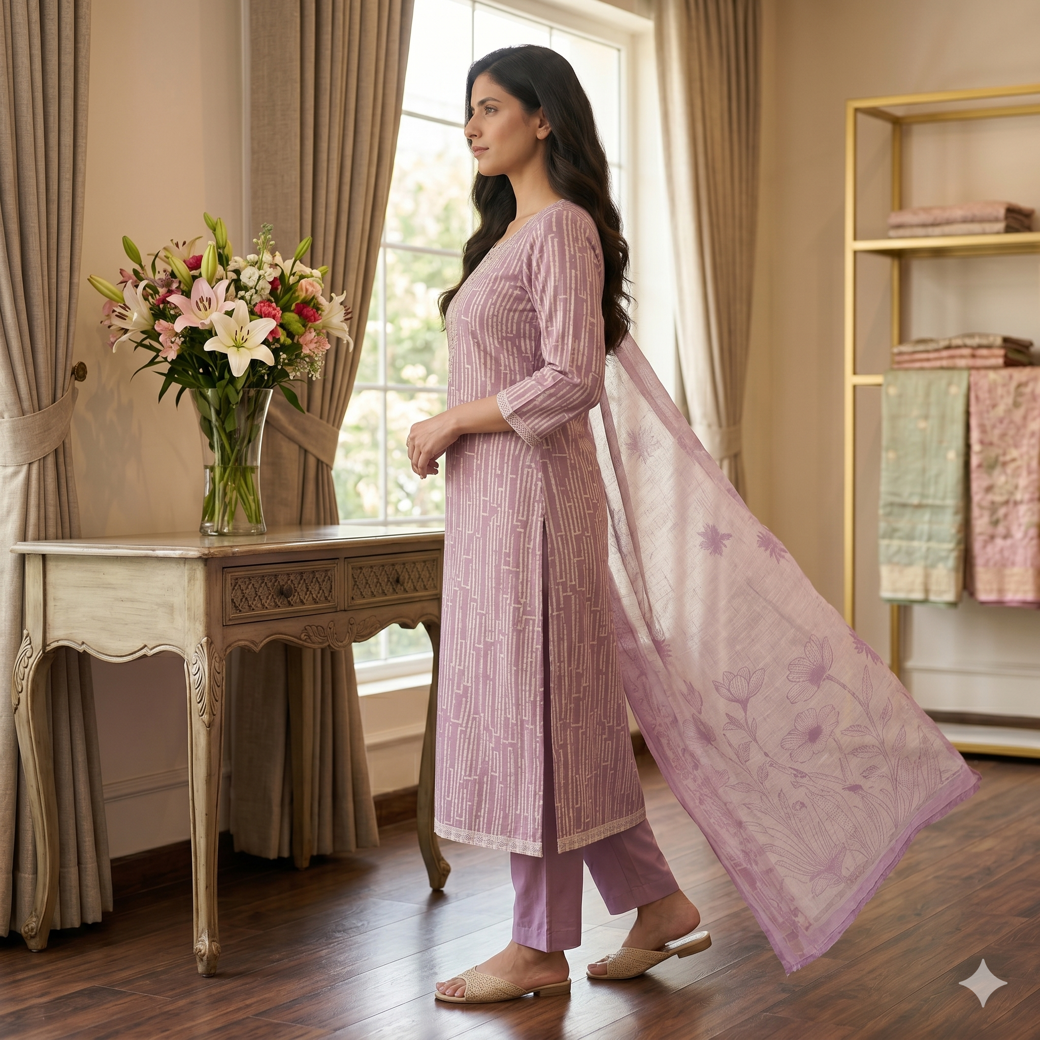 Meher Lavender Grace Linen Cotton Unstitched Suit Set