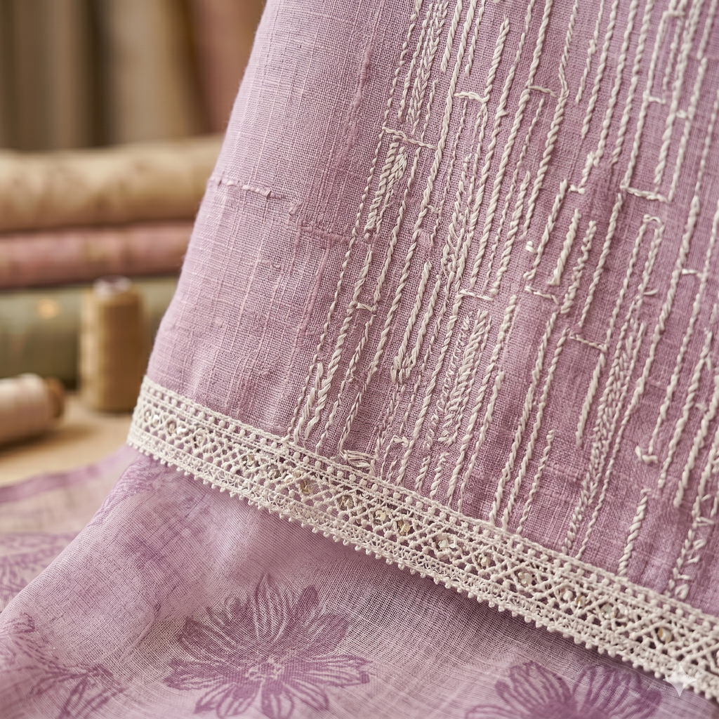 Meher Lavender Grace Linen Cotton Unstitched Suit Set